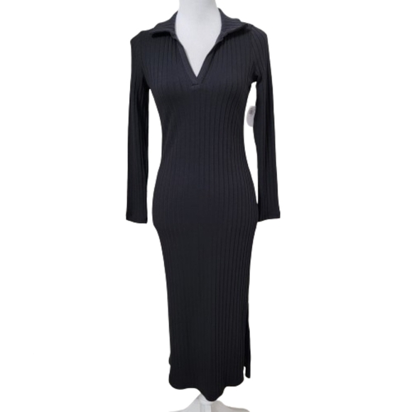 Old Navy Dresses & Skirts - Old Navy Black Fitted Rib-Knit Polo Dress, Long Sleeve, Size XS, NEW with Tag